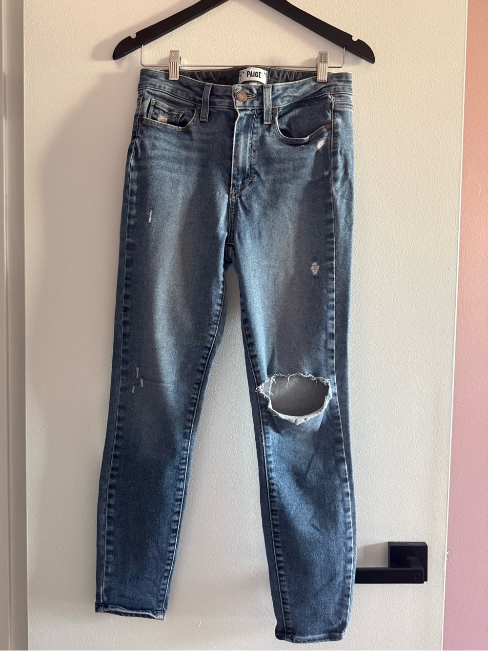PAIGE Medium Blue Ripped High-Rise Skinny Jeans